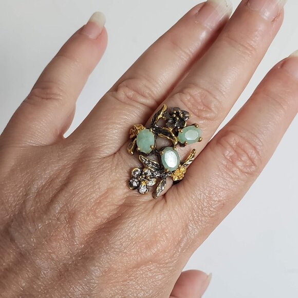 New EMERALD Sterling Silver Ring 925 Floral Artisan Gold Accents - Picture 6 of 15